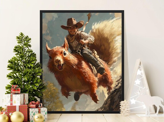 Cowboy Riding Giant Squirrel Whimsical Wild West Fantasy Art Poster