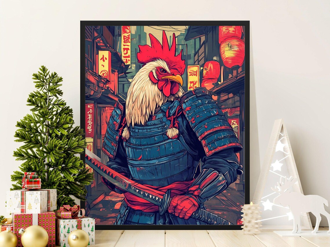 Fierce Samurai Rooster In Armor Neon Japanese Street Art Poster