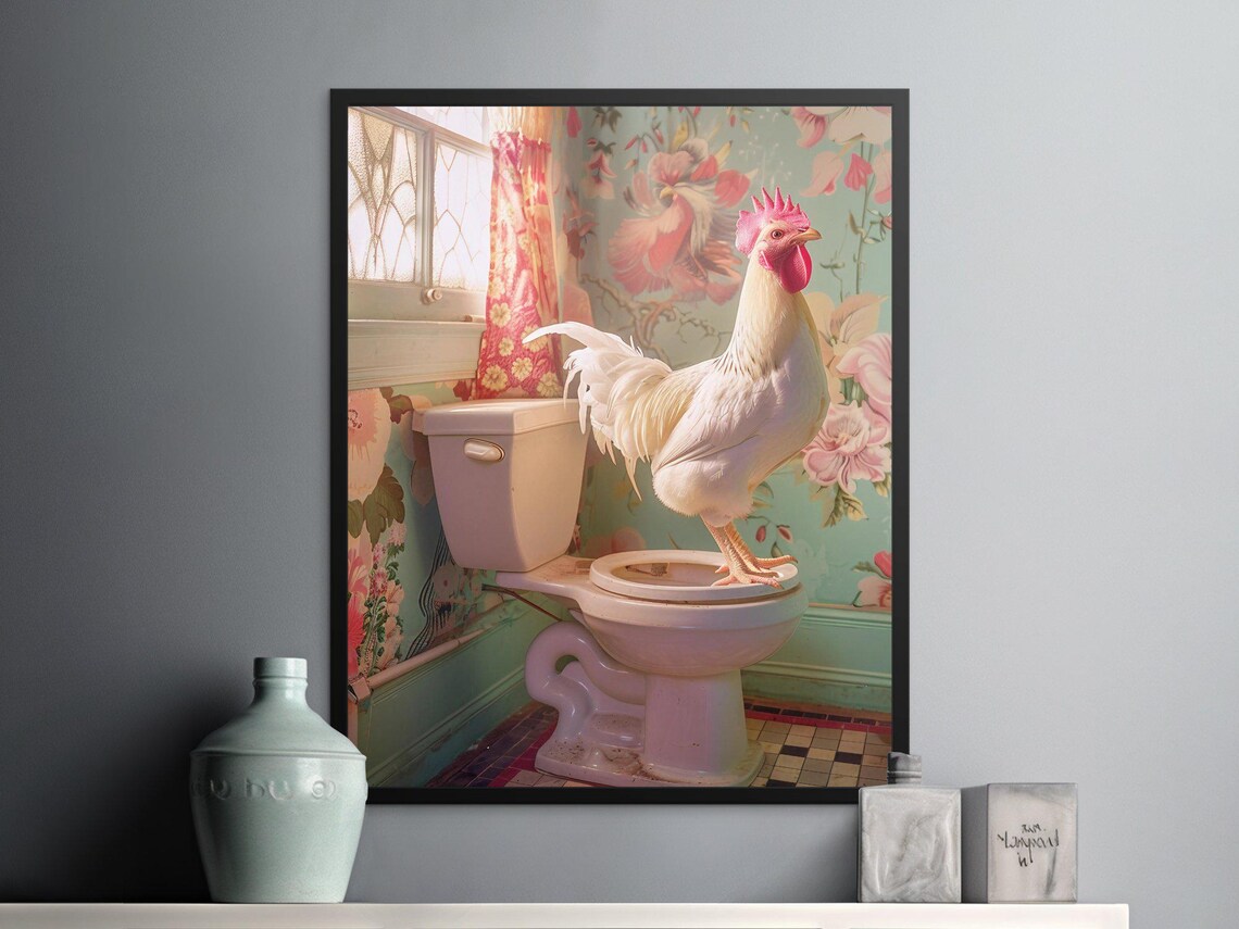 White Rooster Standing on a Toilet Seat Funny Bathroom Wall Art - Image 2