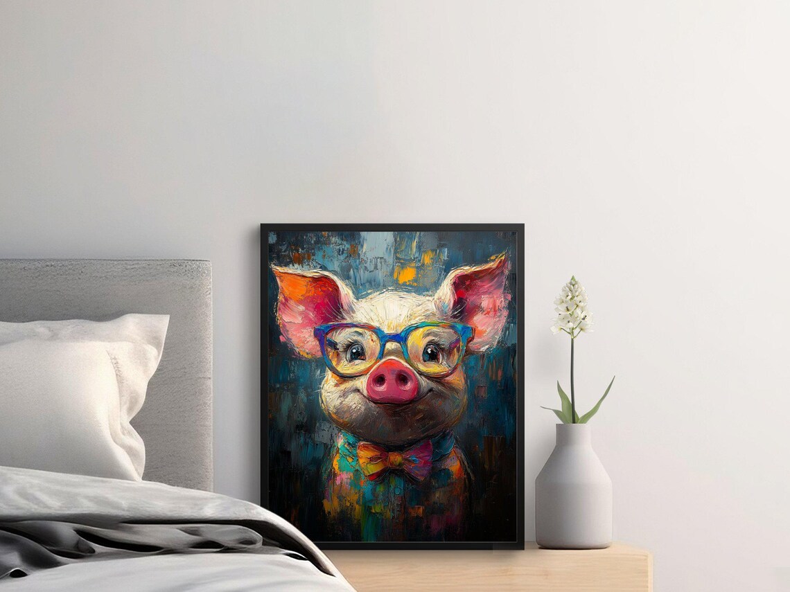 Colorful Pig With Glasses And Bow Tie Dark Pop Art Animal Poster - Image 2