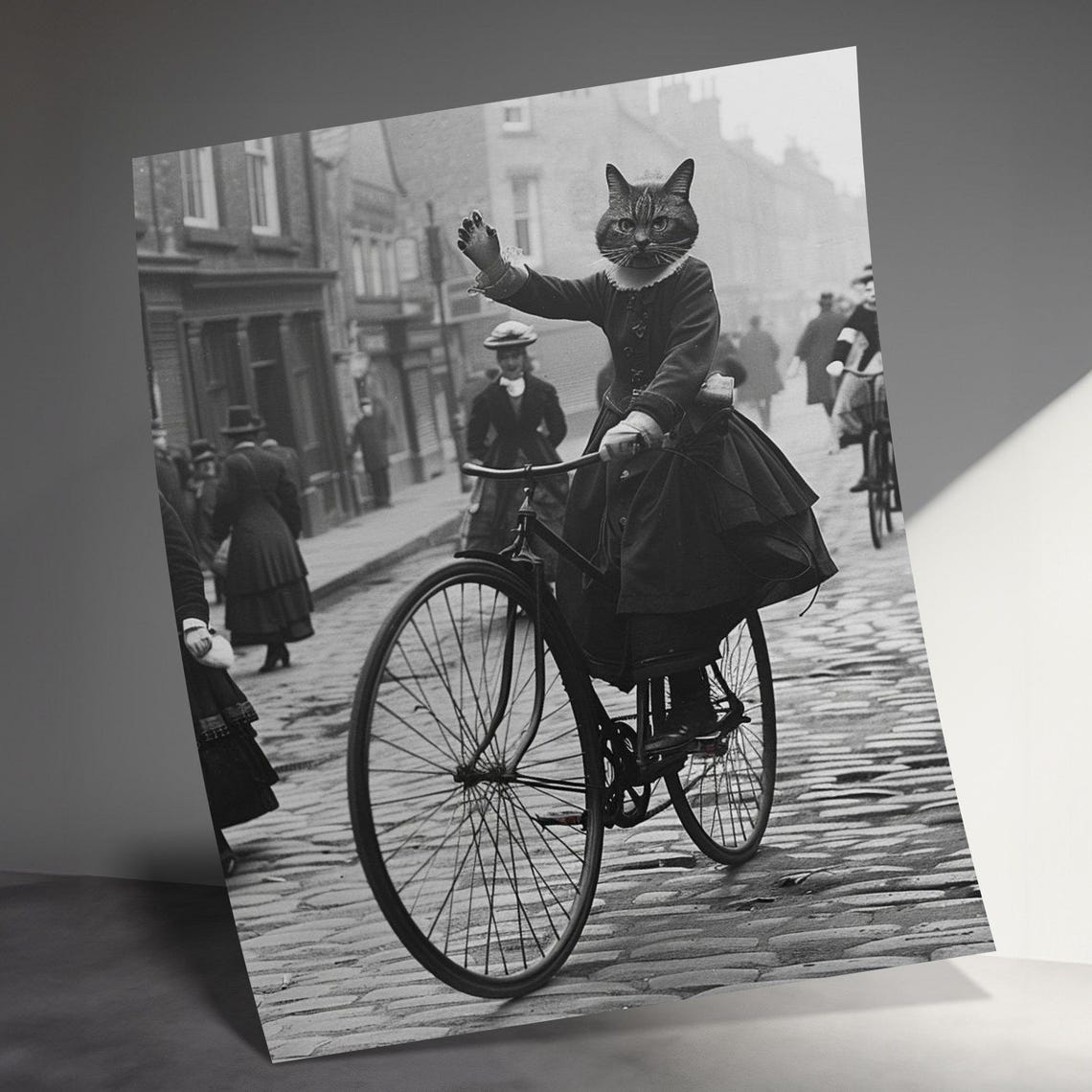 Victorian Cat Riding a Bicycle Down Cobblestone Street Sepia Poster - Image 3