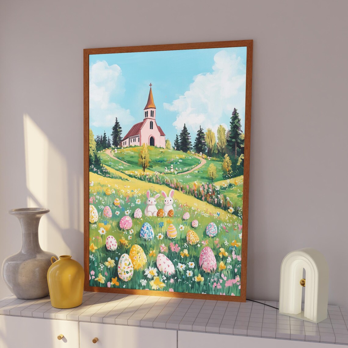Easter Bunnies in Flower Meadow by Hill Church Spring Day Poster
