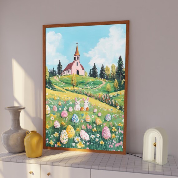 Easter Bunnies in Flower Meadow by Hill Church Spring Day Poster