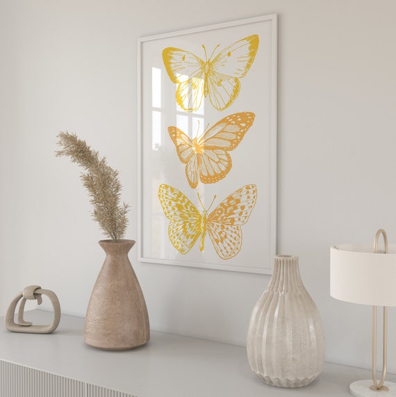 Yellow White Butterfly Poster Print Butterfly Wall Art Trendy Wall Art Preppy Room Decor Maximalist Decor Boho Wall Art Boho Deco
