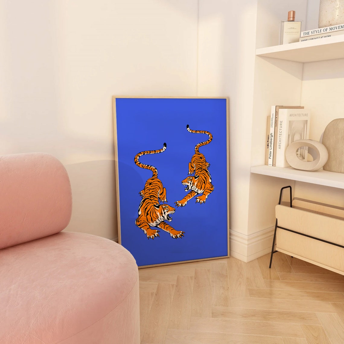 Two Leaping Tigers Dramatic Blue Background Bold Animal Art Poster - Image 2