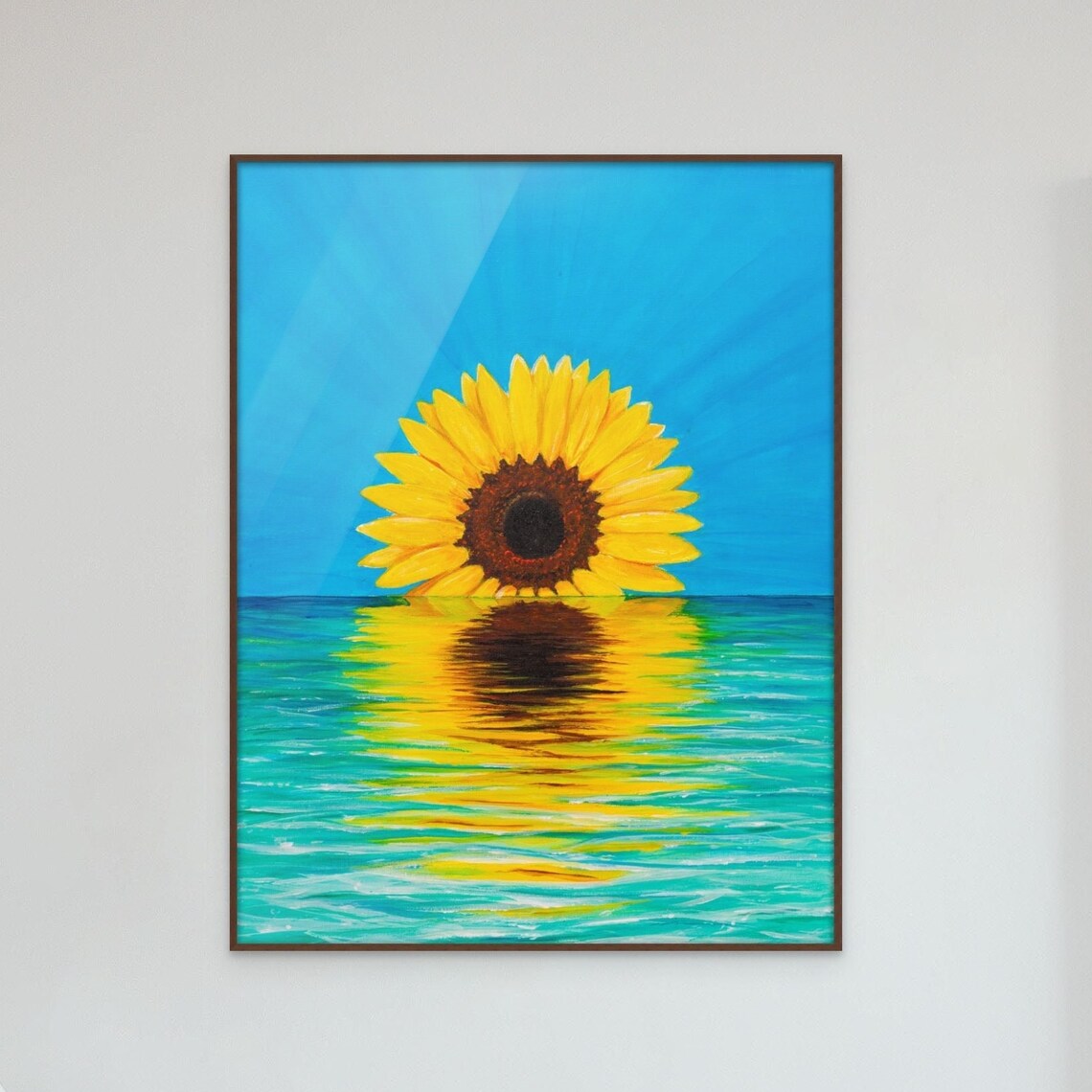 Sunflower Rising Over Water Painting Yellow Bloom Turquoise Sea Poster