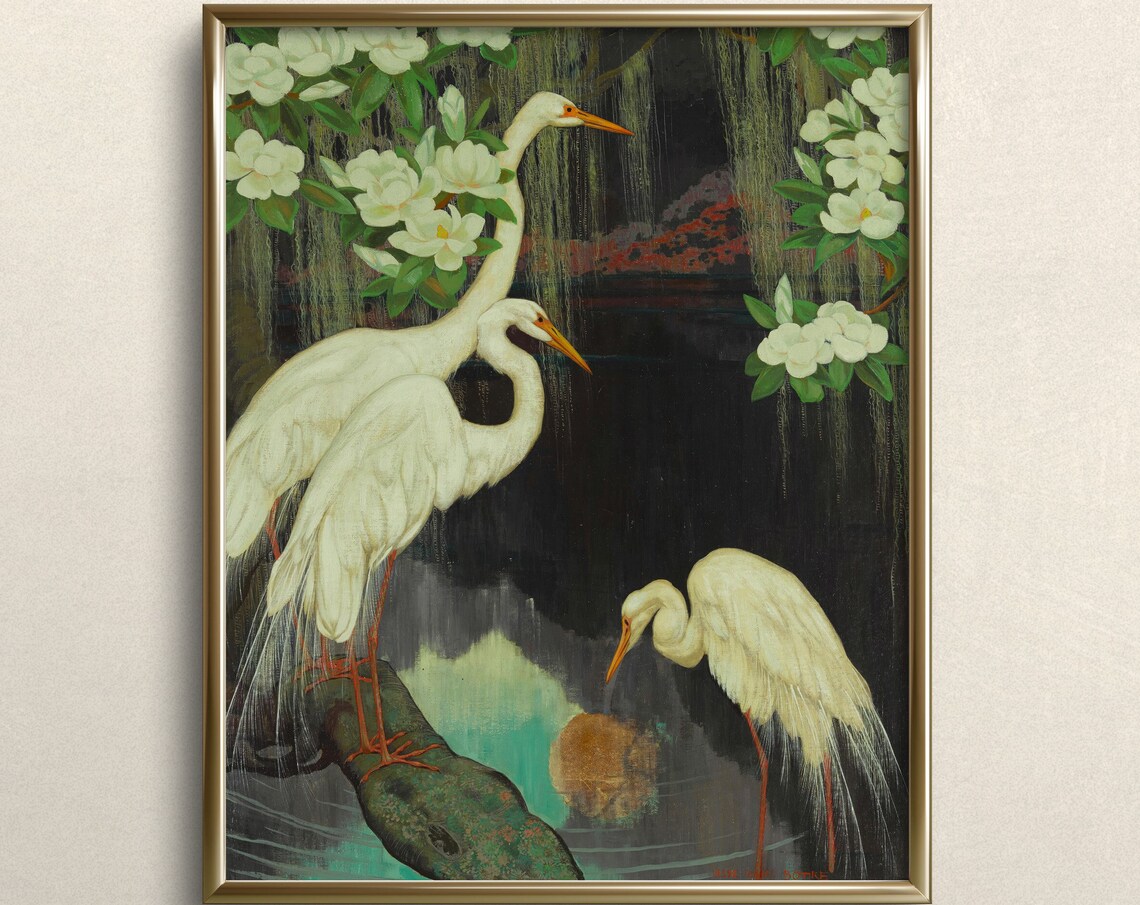 Egrets Vintage Crane Painting, Midcentury Art Print
