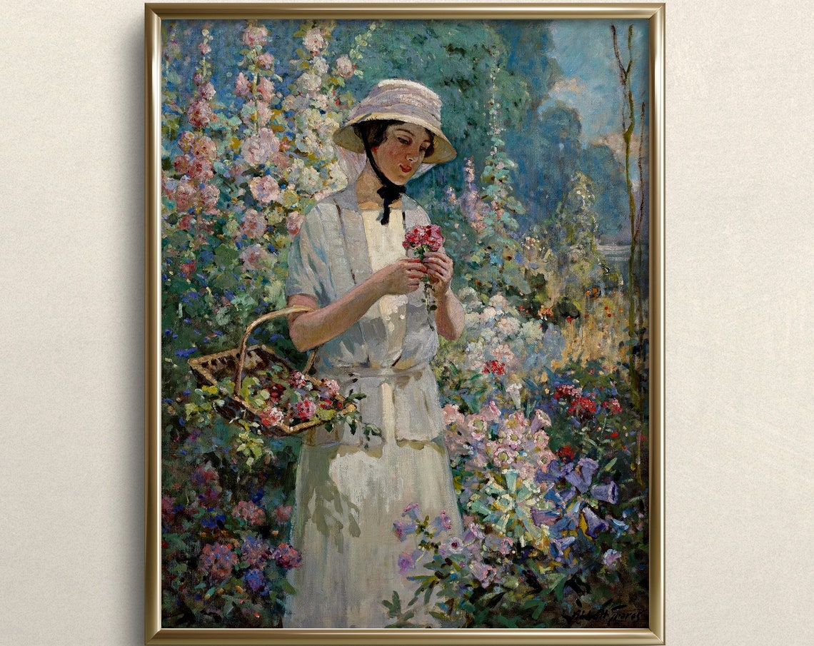 Woman In A Flower Garden Fine Art Print Vintage Garden Wall Art Eclectic Wall Art Cottage Wall Art Green Oil Painting A57