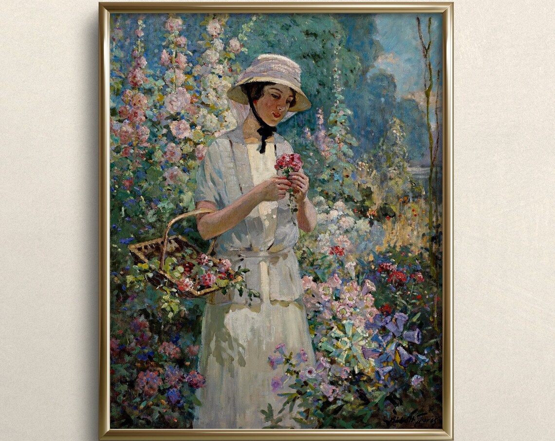 Woman Picking Flowers In Summer Garden Vintage Impressionist Art Print