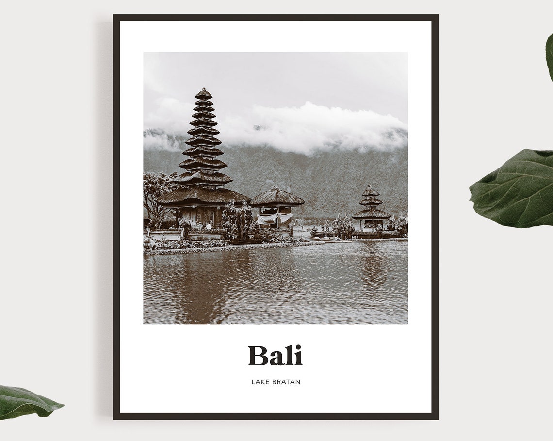 Bali Indonesia Lake Bratan Temple Black And White Photo Travel Poster