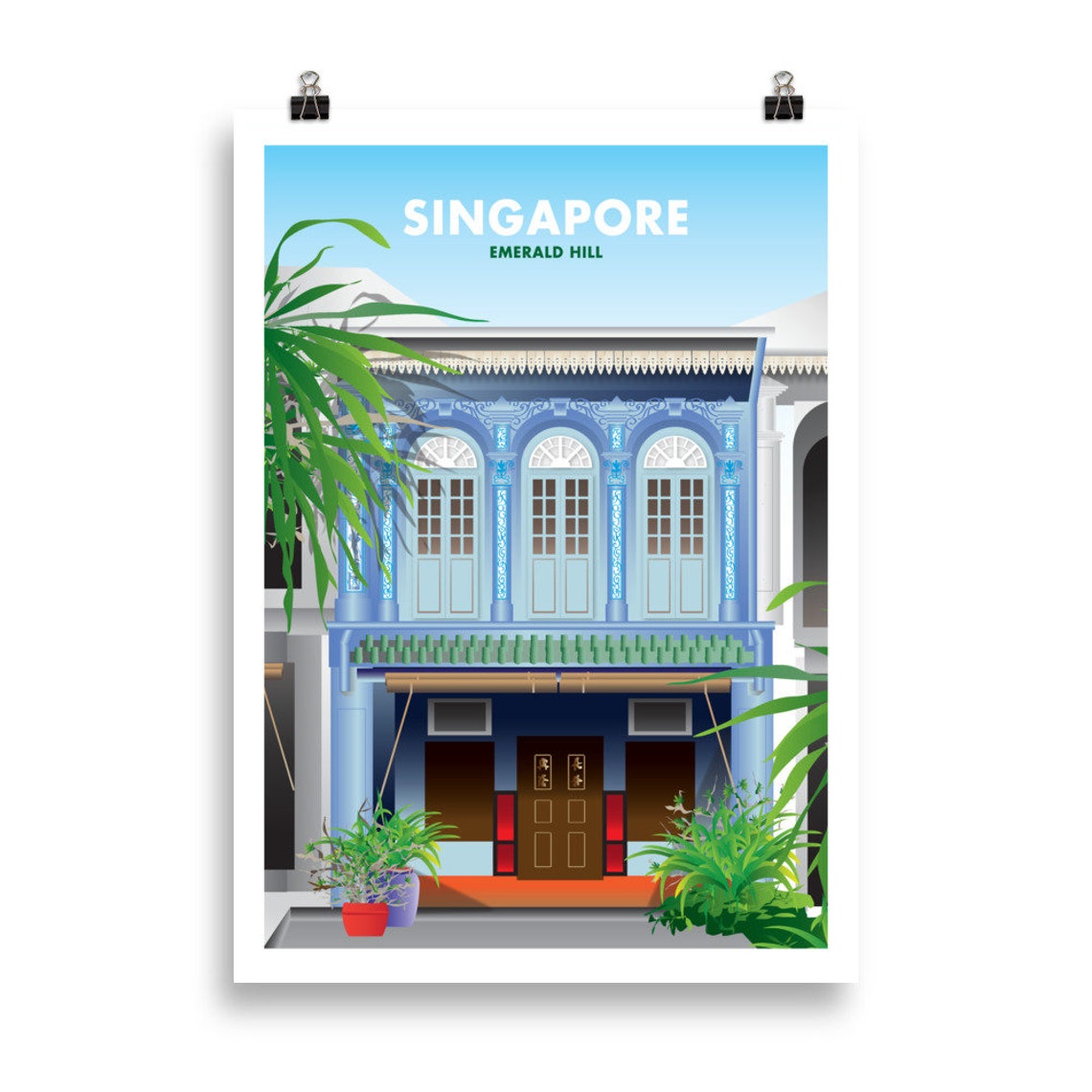 Singapore Emerald Hill Blue Peranakan Shophouse Illustration Poster - Image 2