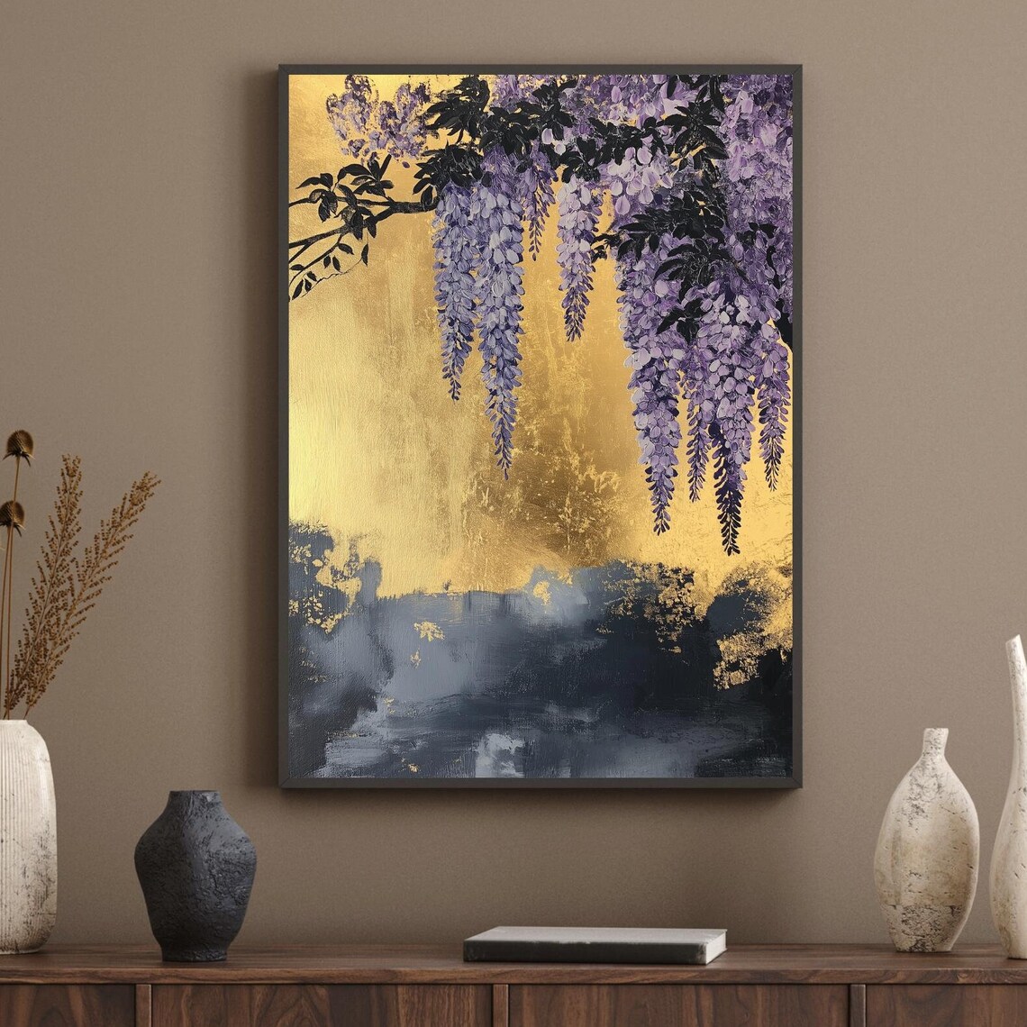 Elegant Purple Wisteria On Gold Foil Floral Painting Wall Art