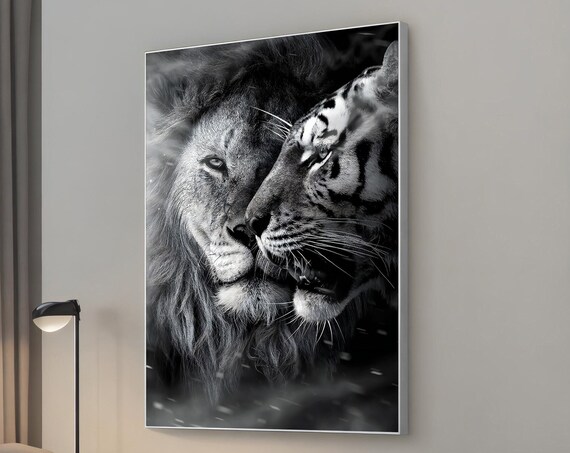 Lion And Tiger Canvas Print Wildlife Wall Decor Black White Animal Art