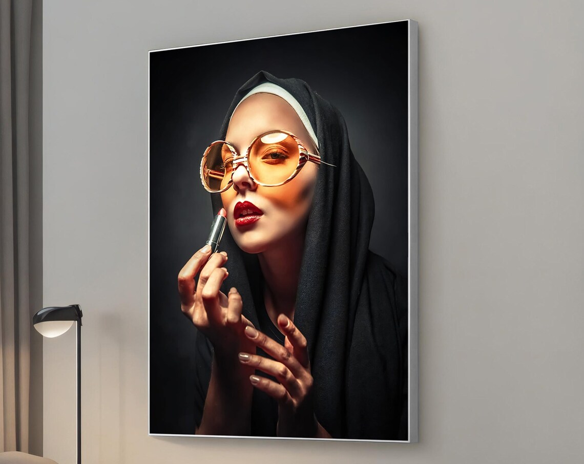 Woman in Nun Habit Red Lipstick Orange Sunglasses Fashion Art Poster