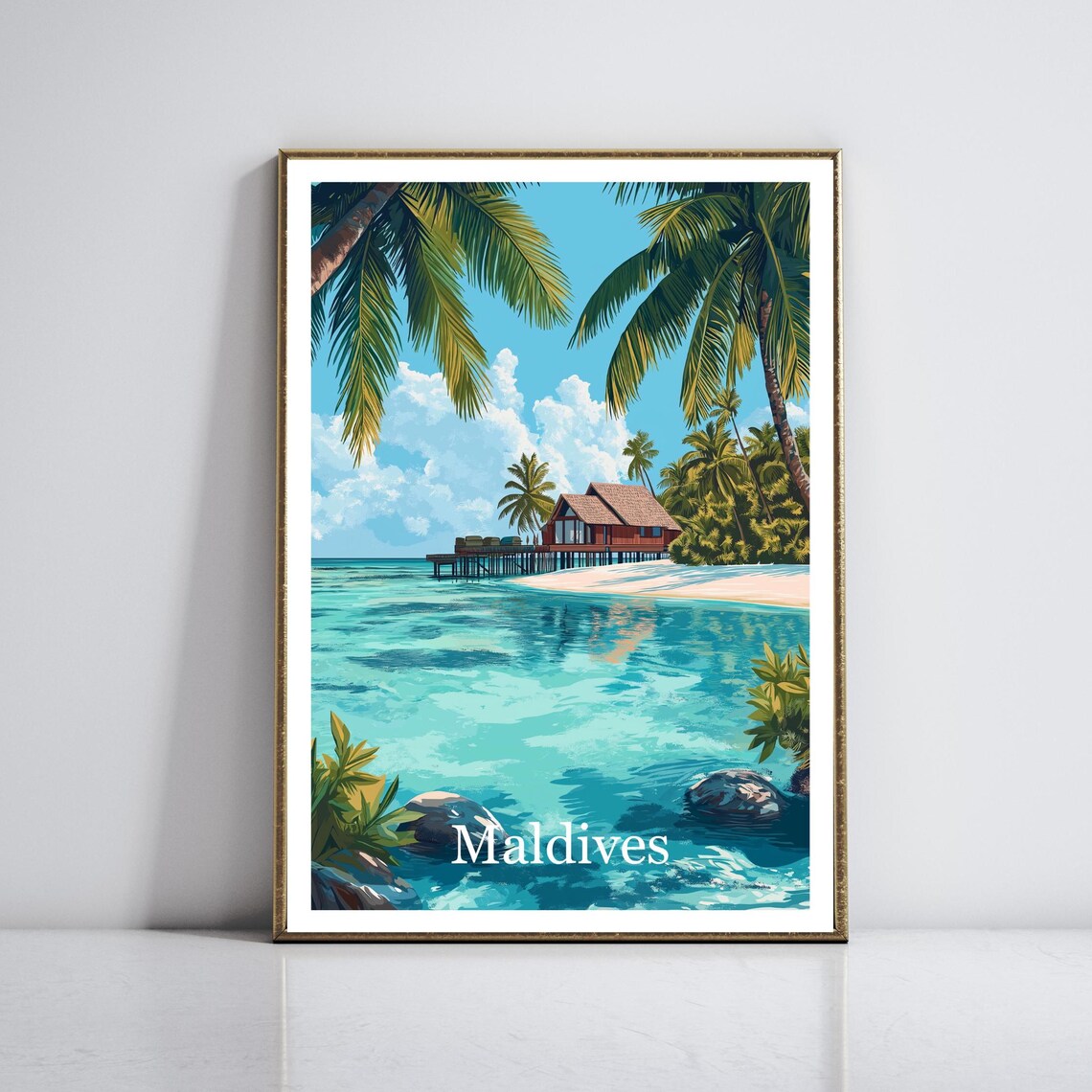 Maldives Tropical Island Overwater Villa in a Turquoise Lagoon Poster