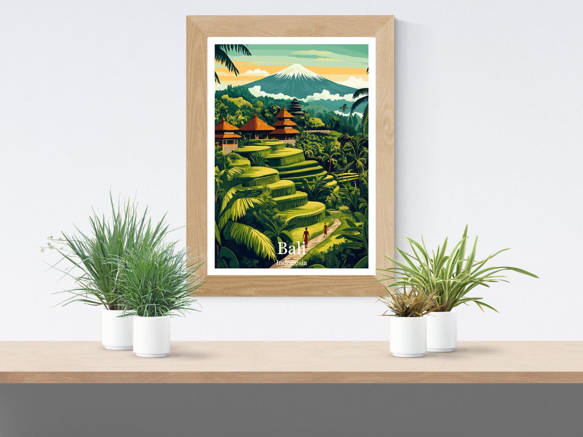 Bali Indonesia Lush Rice Terraces with Ancient Temples Poster - Image 2
