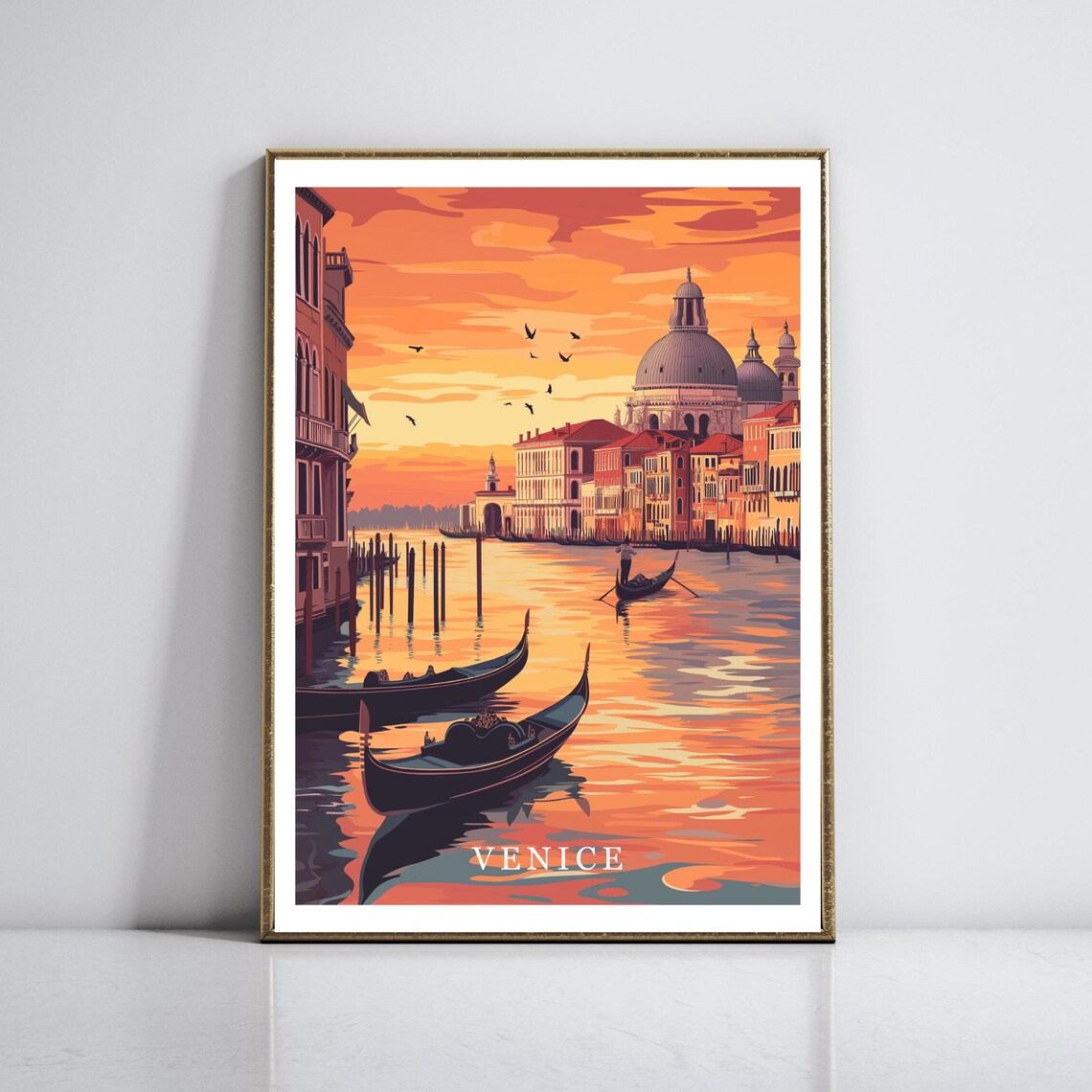 Venice Italy Grand Canal Gondolas Blazing Sunset Travel Poster