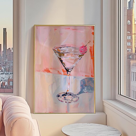 Pink Cherry Martini Glass Elegant Cocktail Painting Wall Art