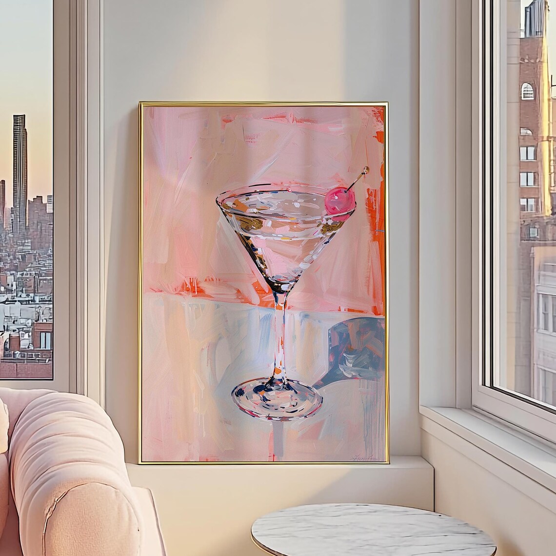 Pink Cherry Martini Glass Elegant Cocktail Painting Wall Art
