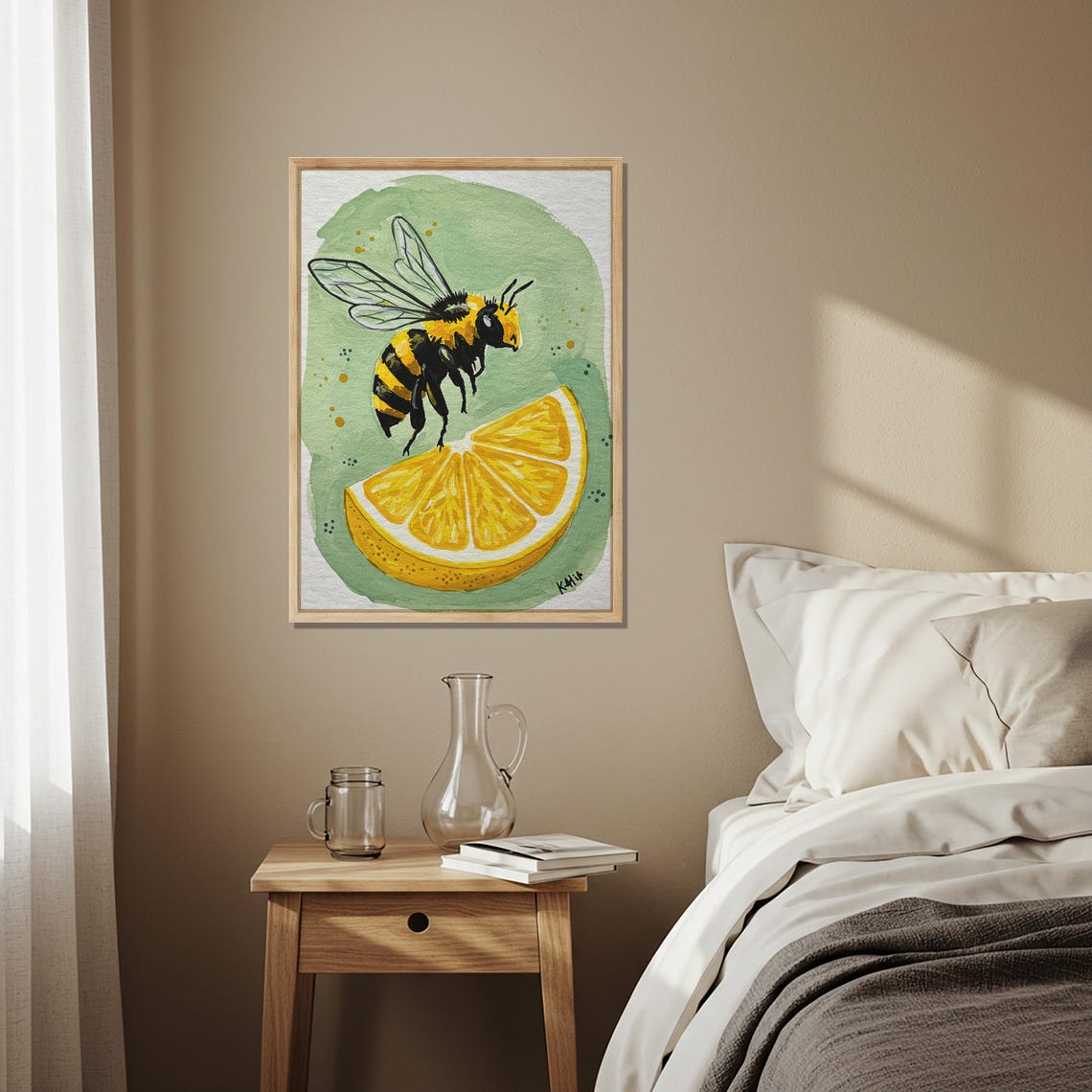 Watercolor Bumblebee Resting On Lemon Slice Green Kitchen Poster