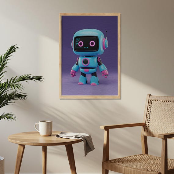 Cute Robot Wooden Poster Blue And Pink Retro Bot Wall Art Whimsical Scifi Print On Wood Adorable Decor For Nursery Or Kids Room
