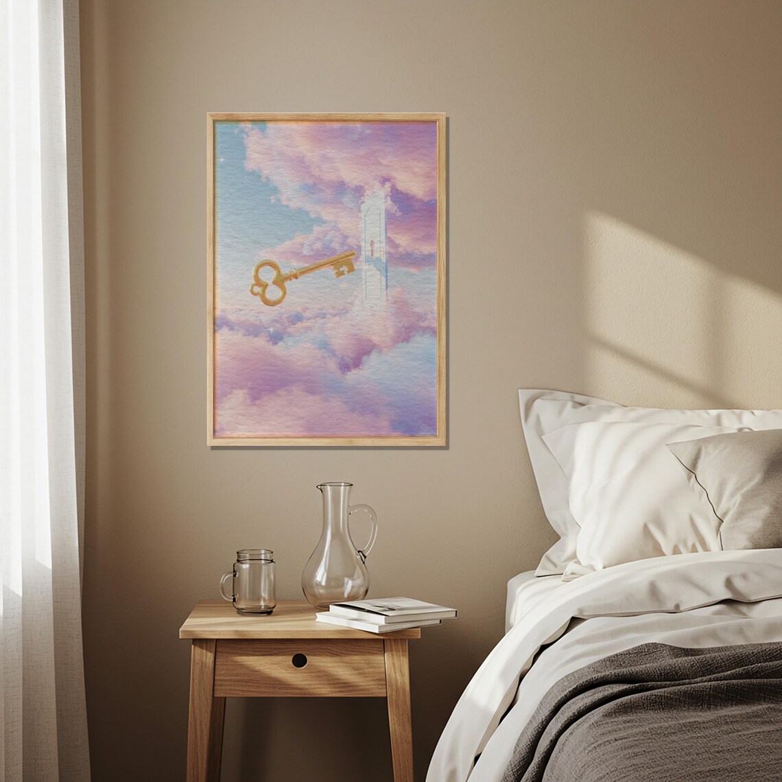Golden Key Floating Toward a Glowing Door in Pink Clouds Dream Poster