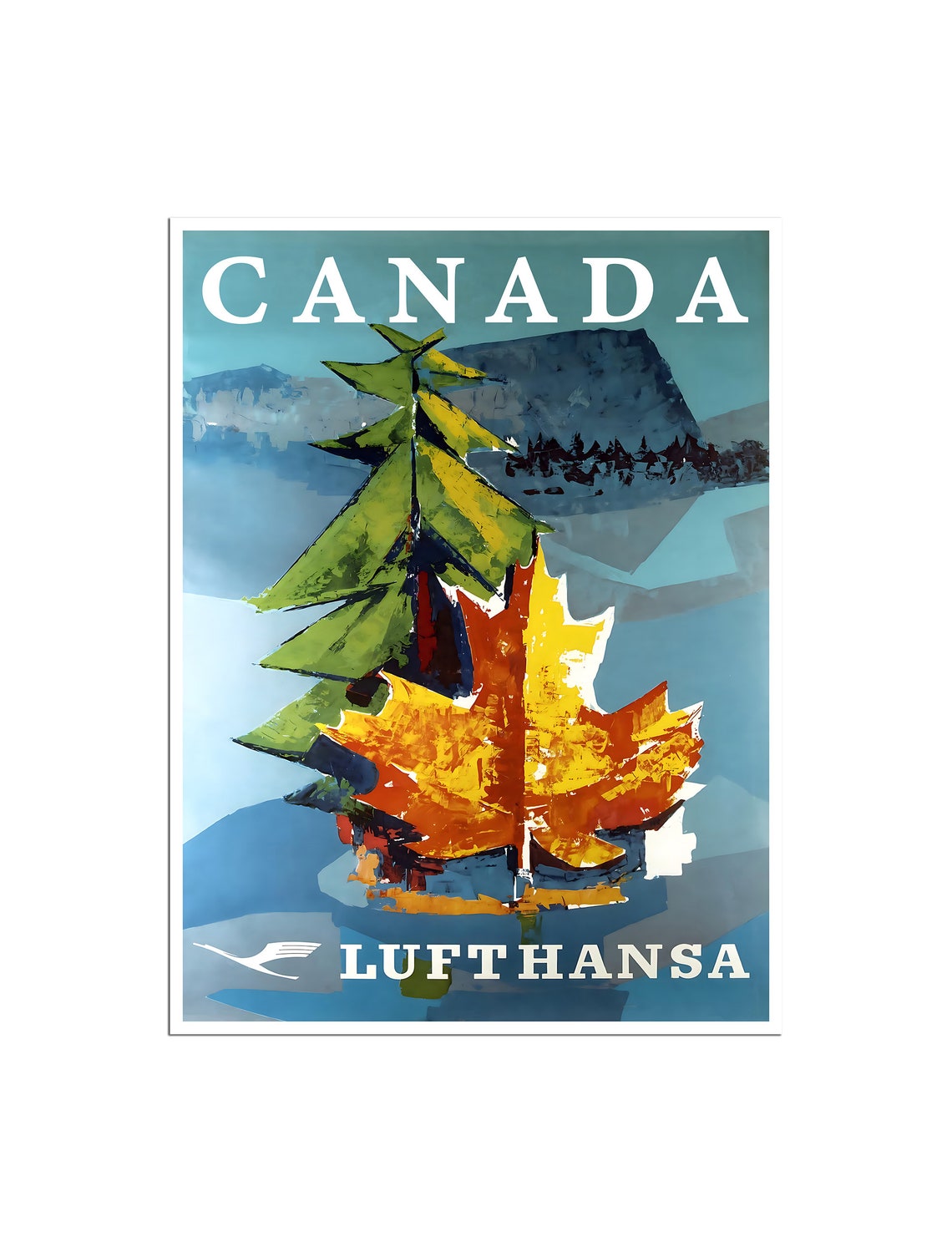 Canada Lufthansa Vintage Airline Travel Poster Pine Maple Leaf Art