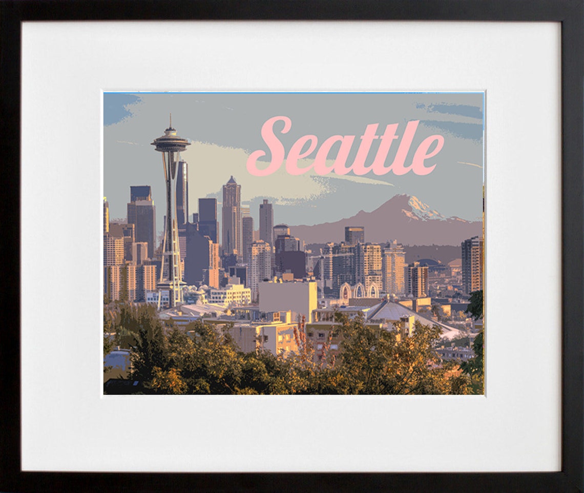 Seattle Space Needle Mount Rainier Skyline Vintage Travel Poster - Image 2