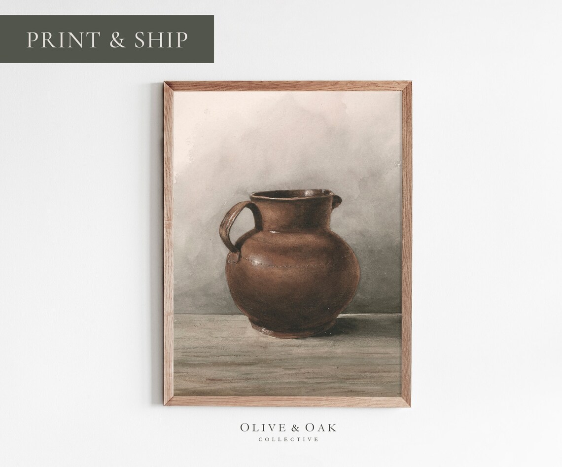Watercolor Pitcher Still Life, Neutral Decor Art Print