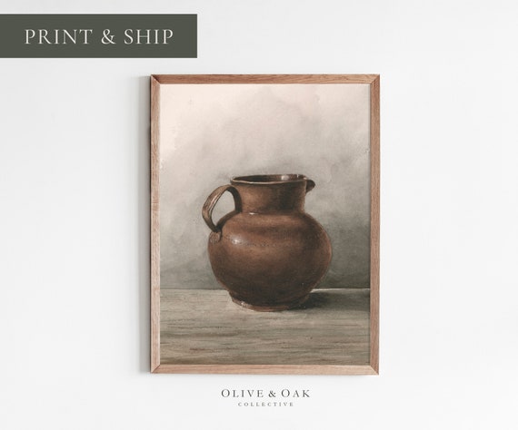 Watercolor Pitcher Still Life, Neutral Decor Art Print