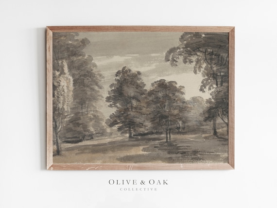 Neutral Landscape Painting, Vintage Watercolor Art Print