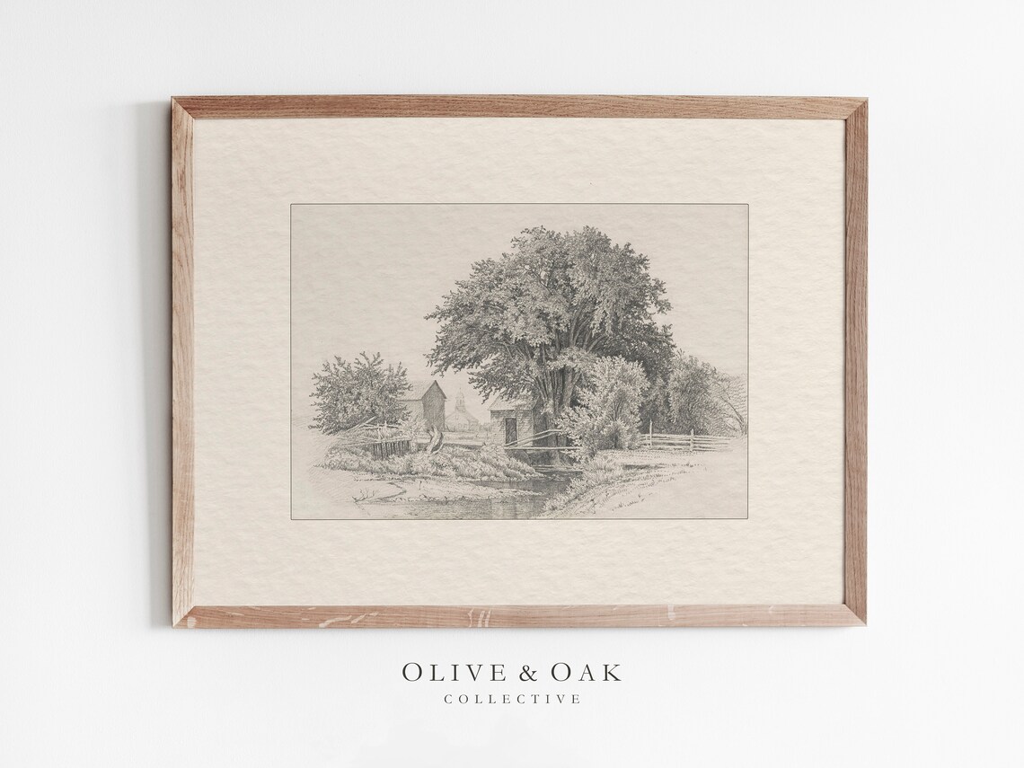 Farmhouse Landscape Sketch Art Print