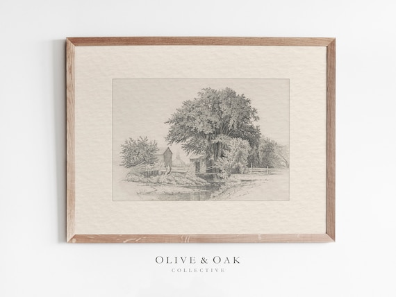 Farmhouse Landscape Sketch Art Print