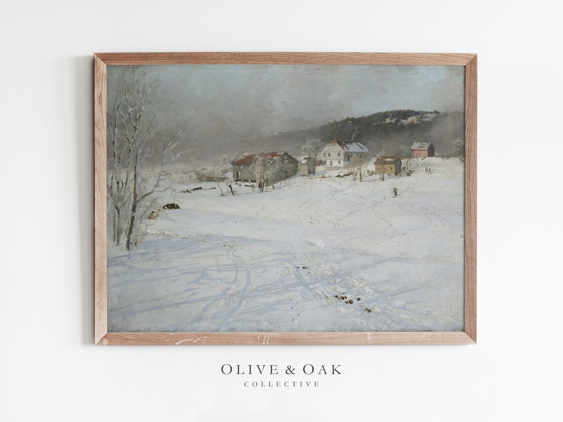 Snowy Village Painting, Winter Countryside Art