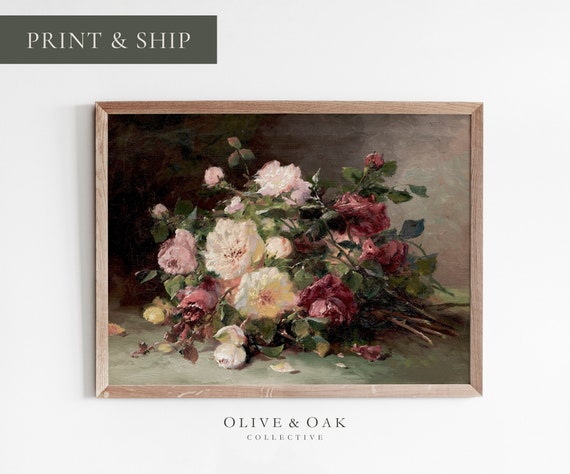 Moody Floral Painting Framed Art Print Pink Roses Painting Vintage Flower Still Life Fine Art Print 545 M