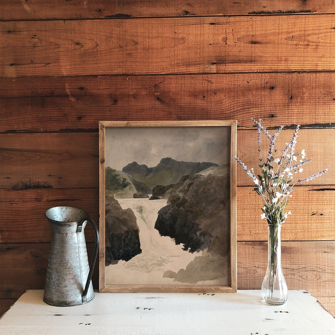 Rustic Waterfall Watercolor Painting Art Print - Image 3