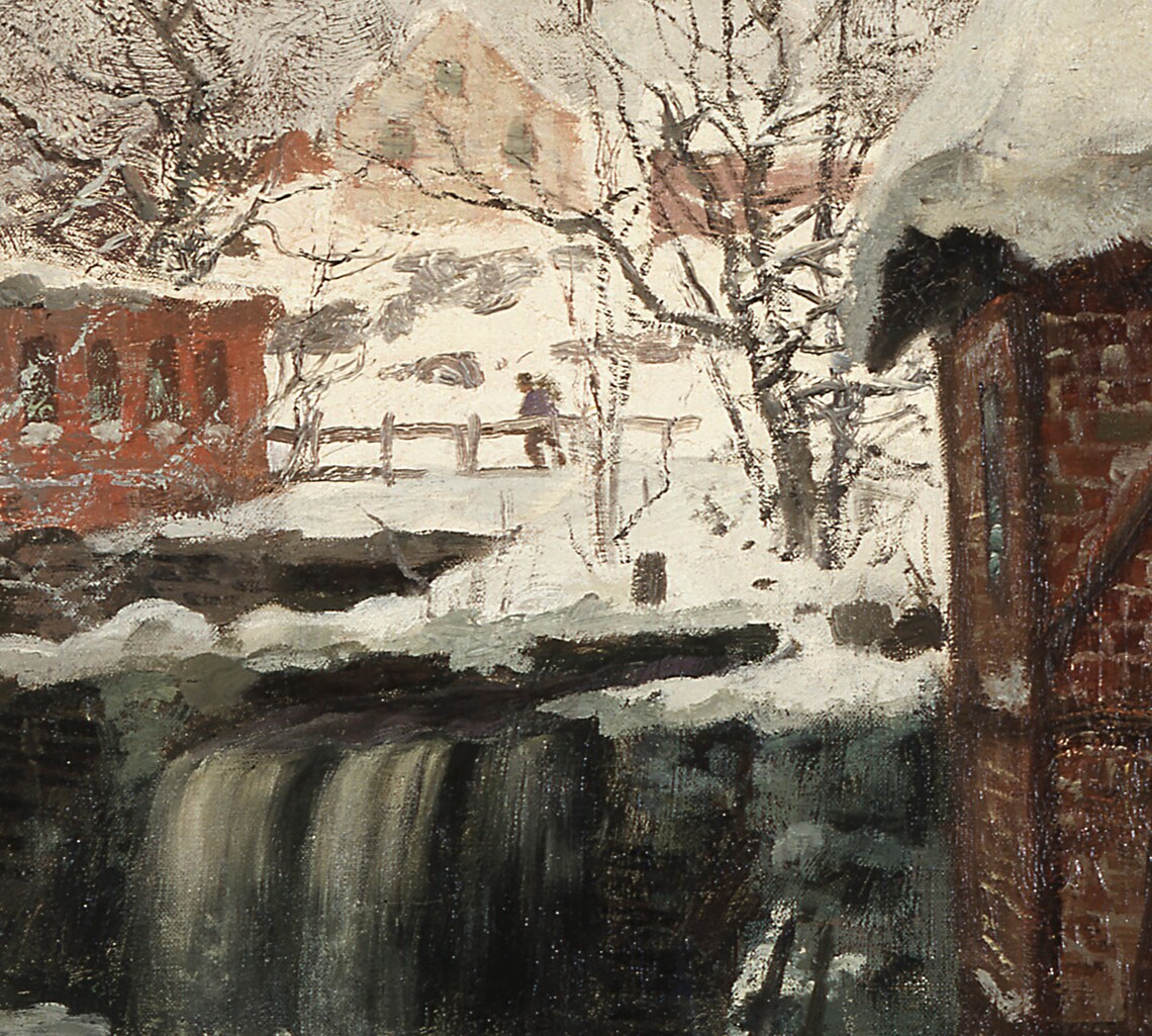 Vintage Winter Landscape, Snowy Cityscape Painting - Image 4