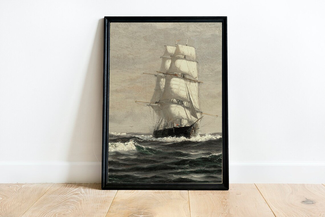 Moody Seascape Vintage Ship Art Print, Coastal Nautical - Image 2