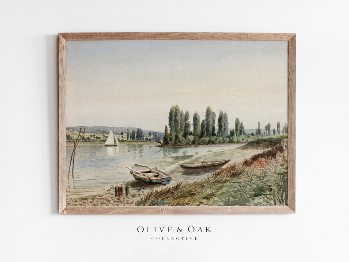 Muted Sailboat Vintage Coastal Painting, Art Print