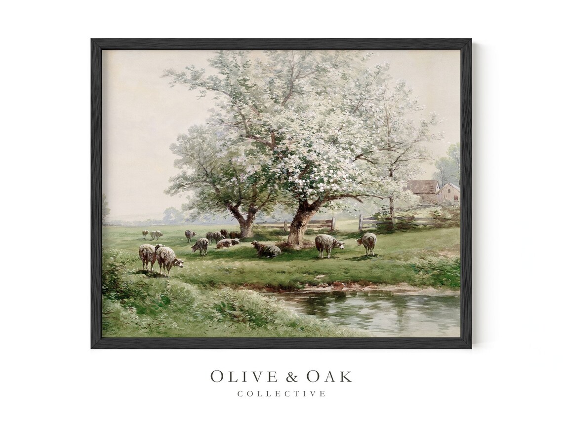 Spring Landscape With Sheep Pasture, Blossom Tree - Image 2