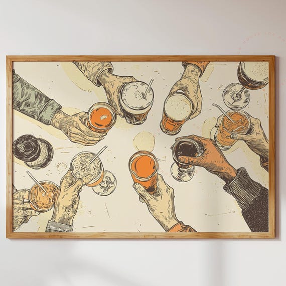 Cheers Poster Art Vintage Drink Illustration Hand Drawn Cocktail Bar Wall Decor Alcohol Print Party Drinks