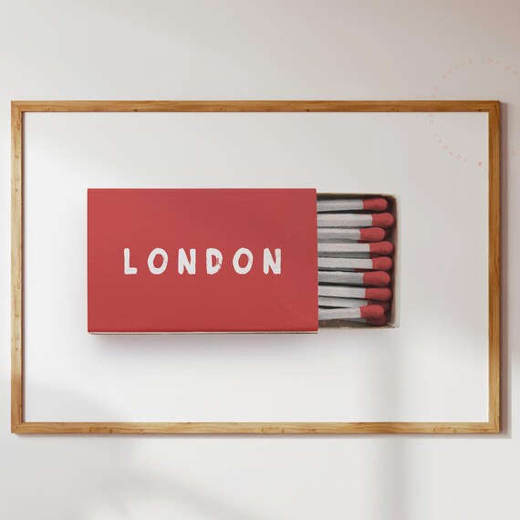 London England Vintage Matchbox Style Art Poster Red Modern Decor