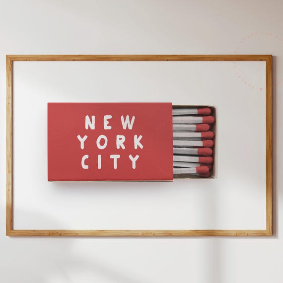 New York City Matchbox Poster Nyc Wall Art Minimalist Print Vintage Typography Modern Red Decor