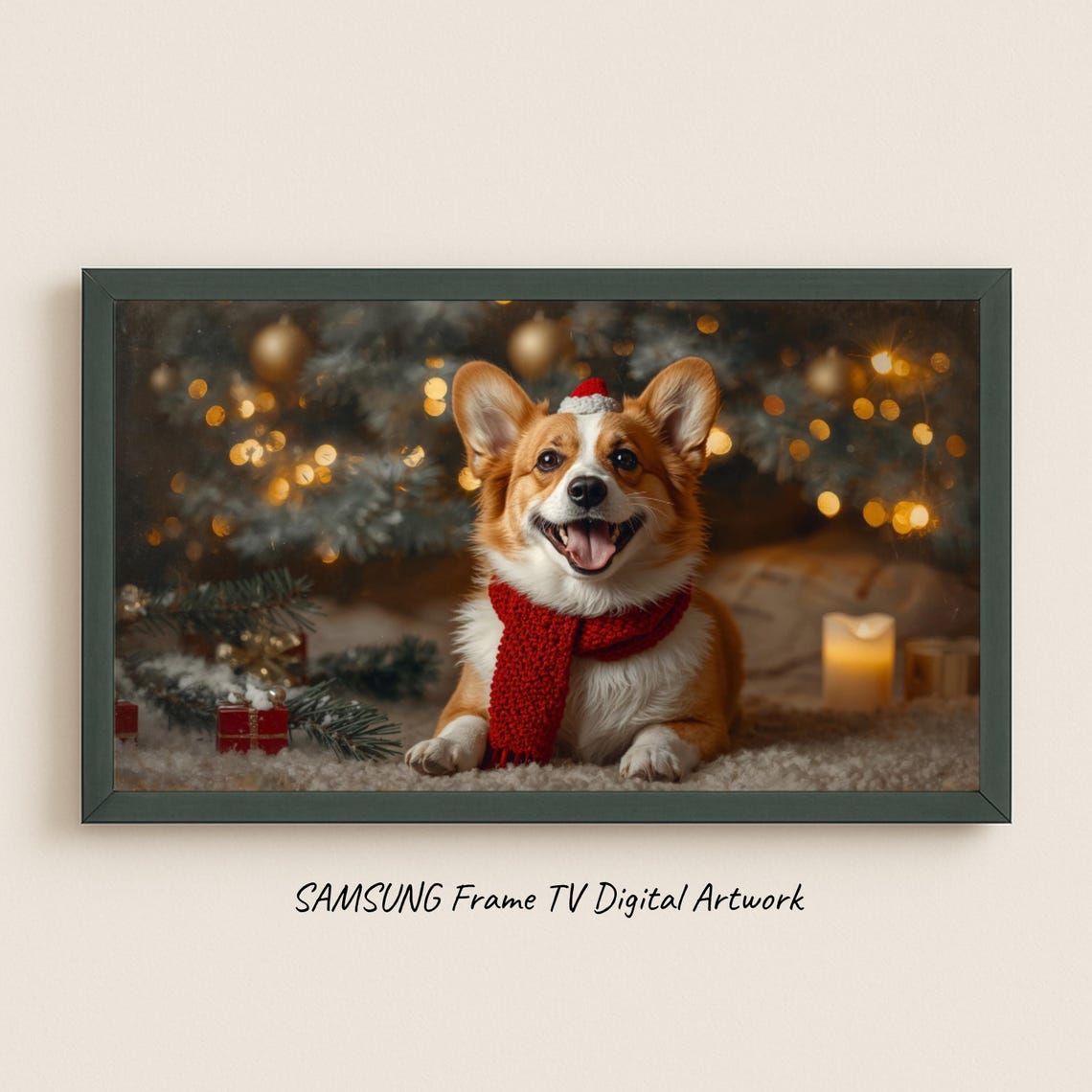 Samsung Frame Tv Art Festive Corgi By The Christmas Tree Holiday Oil Painting