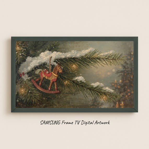 Samsung Frame Tv Art Wooden Rocking Horse On Snowy Pine Christmas Painting