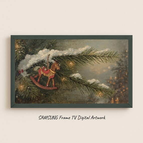Wooden Rocking Horse Ornament Snowy Pine Christmas Art Poster