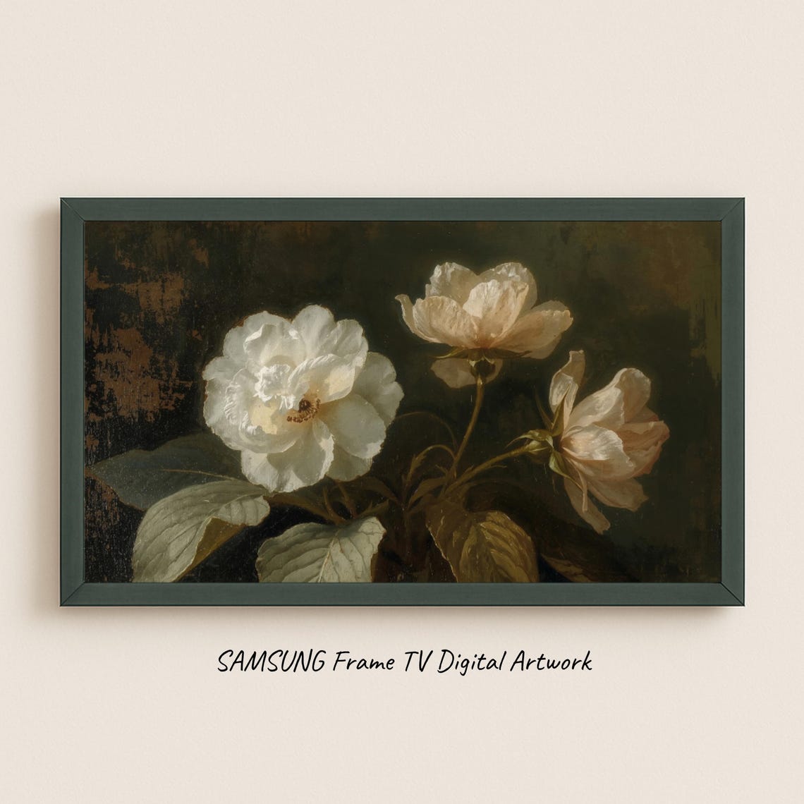 Vintage White and Peach Blooms Moody Floral Frame TV Art Print