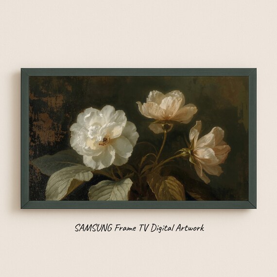 Vintage White and Peach Blooms Moody Floral Frame TV Art Print