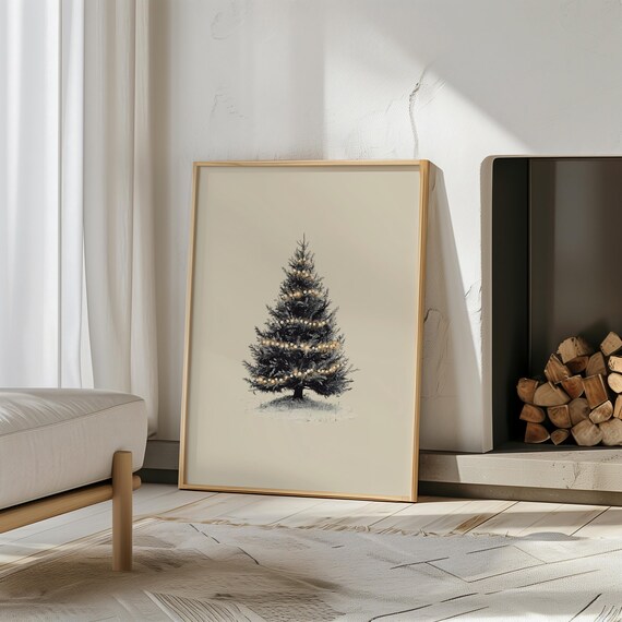 Minimalist Christmas Tree With Fairy Lights Neutral Holiday Print