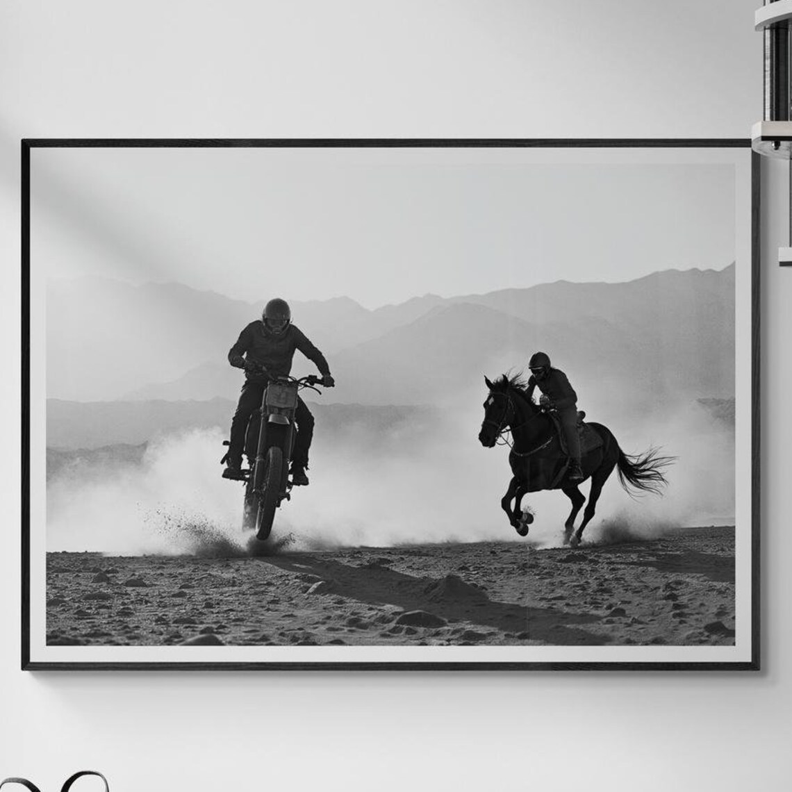 Horse And Motorcycle Black White Racing Desert Art Print